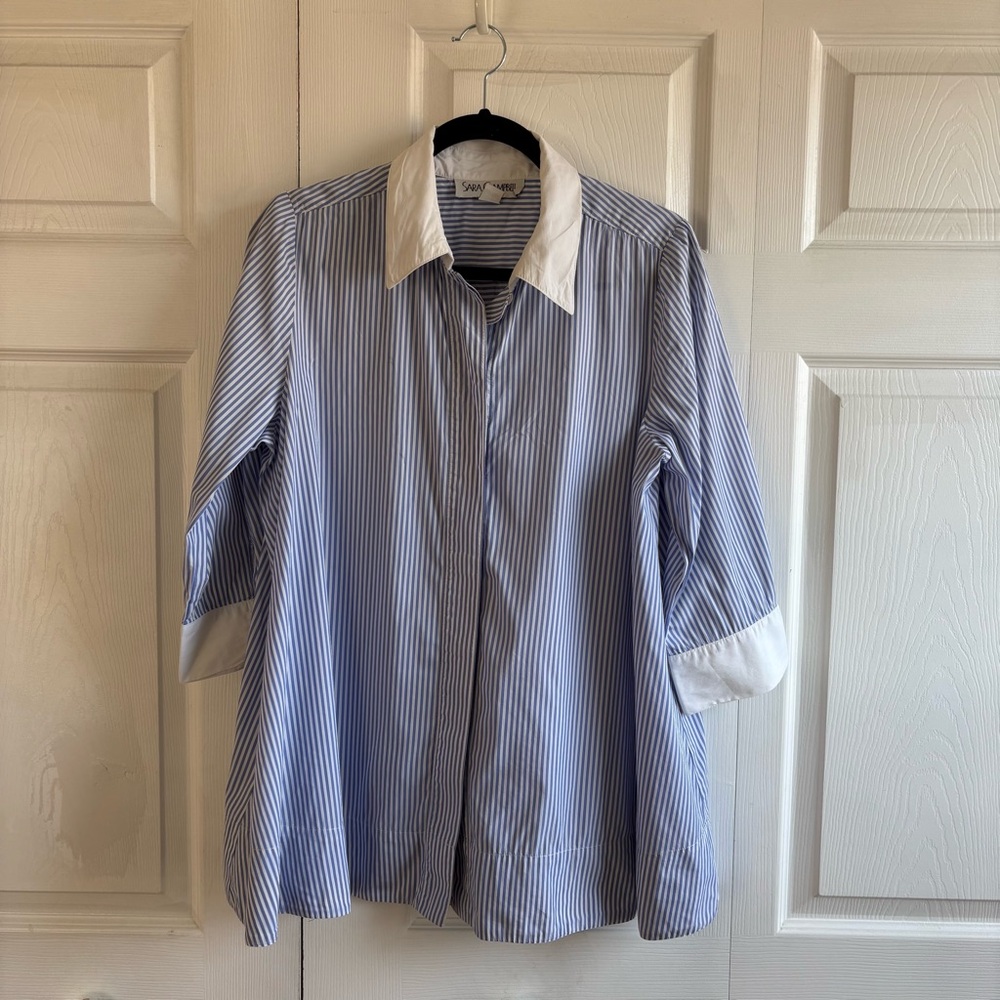 Sara Campbell White Blue‎ Stripe USA M Cotton Relaxed Oversized Resort Blouse